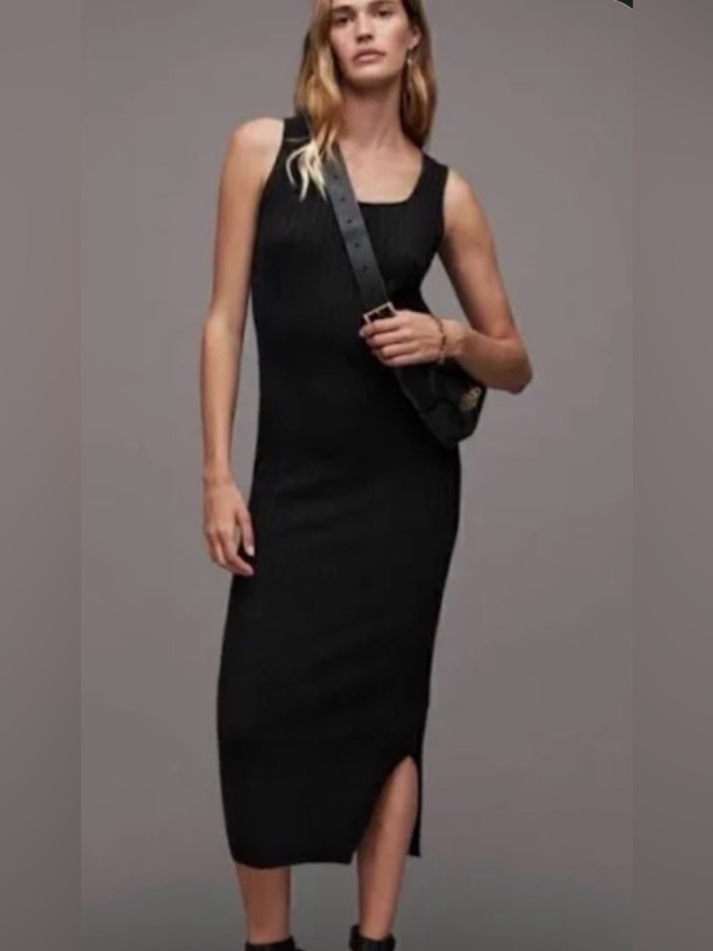 AllSaints Sz L Margot Maxi Black Ribbed Tank Dress Sleeveless Scoop Neckline
